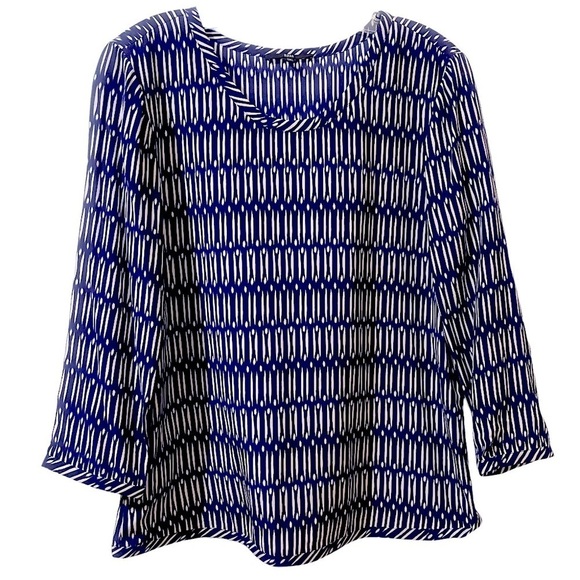 Hugo Boss Women’s Silk Navy & White Print Wide Neck L/S Tunic Blouse Size 8 - Picture 1 of 7